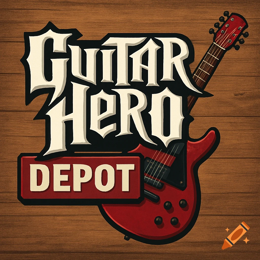 A stylized logo for 'Guitar Hero Depot' featuring white and black text above a red electric guitar, set against a wooden background.