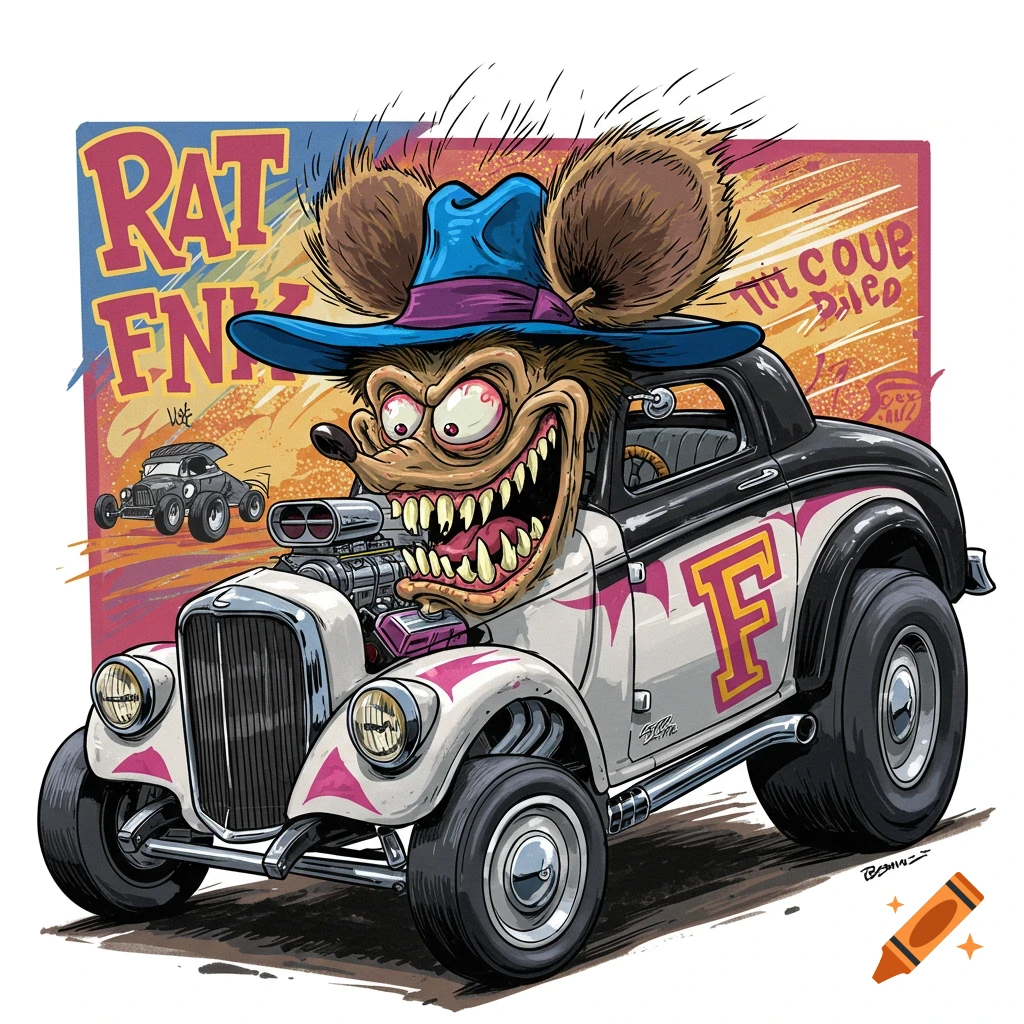 Cartoon Rat Fink character in a blue fedora driving a white and black hot rod, with "RAT FINK" text in the background.
