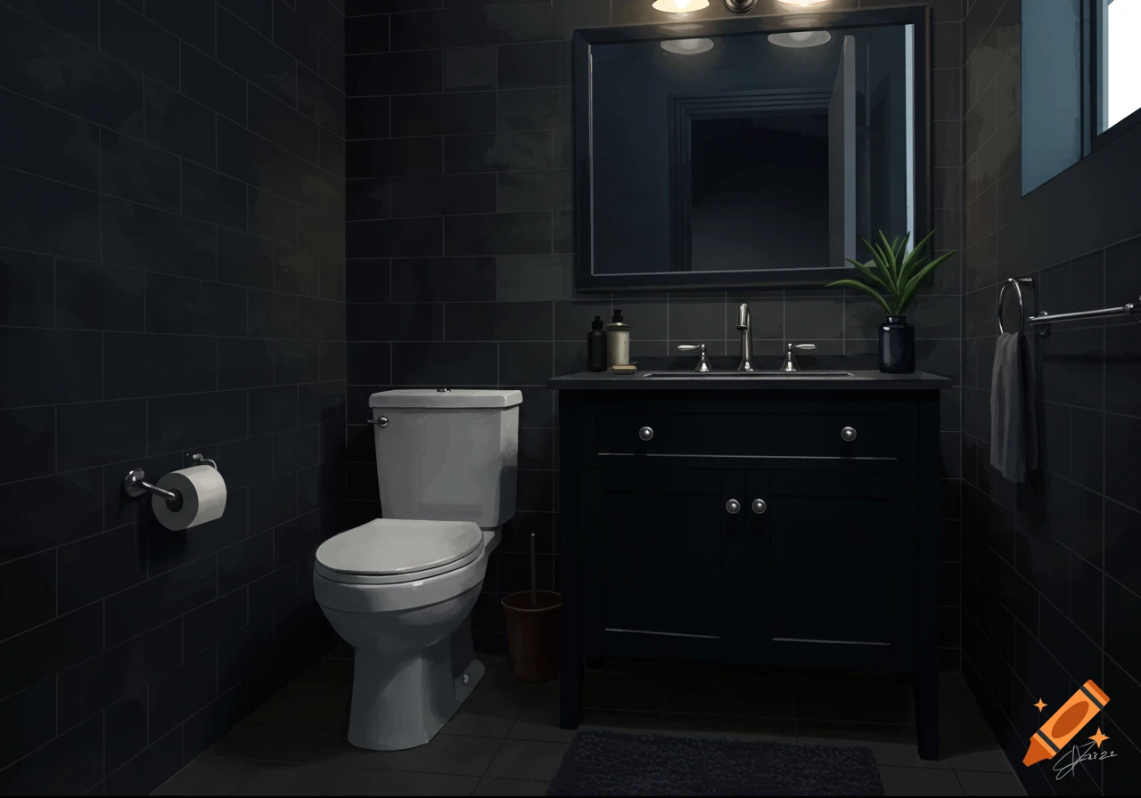 A dimly lit, modern guest bathroom with dark gray tile walls, a white toilet, and a black vanity with a white sink and mirror.