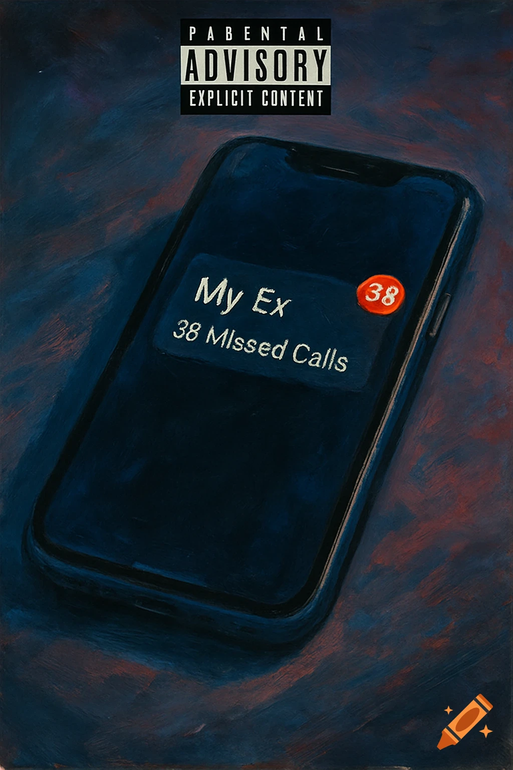 Album cover style digital painting of a cell phone displaying 'My Ex' and '38 Missed Calls' with a Parental Advisory label.