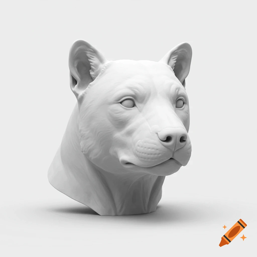 A photorealistic white 3D-printed dog head sculpture on a white background with strong shadows.