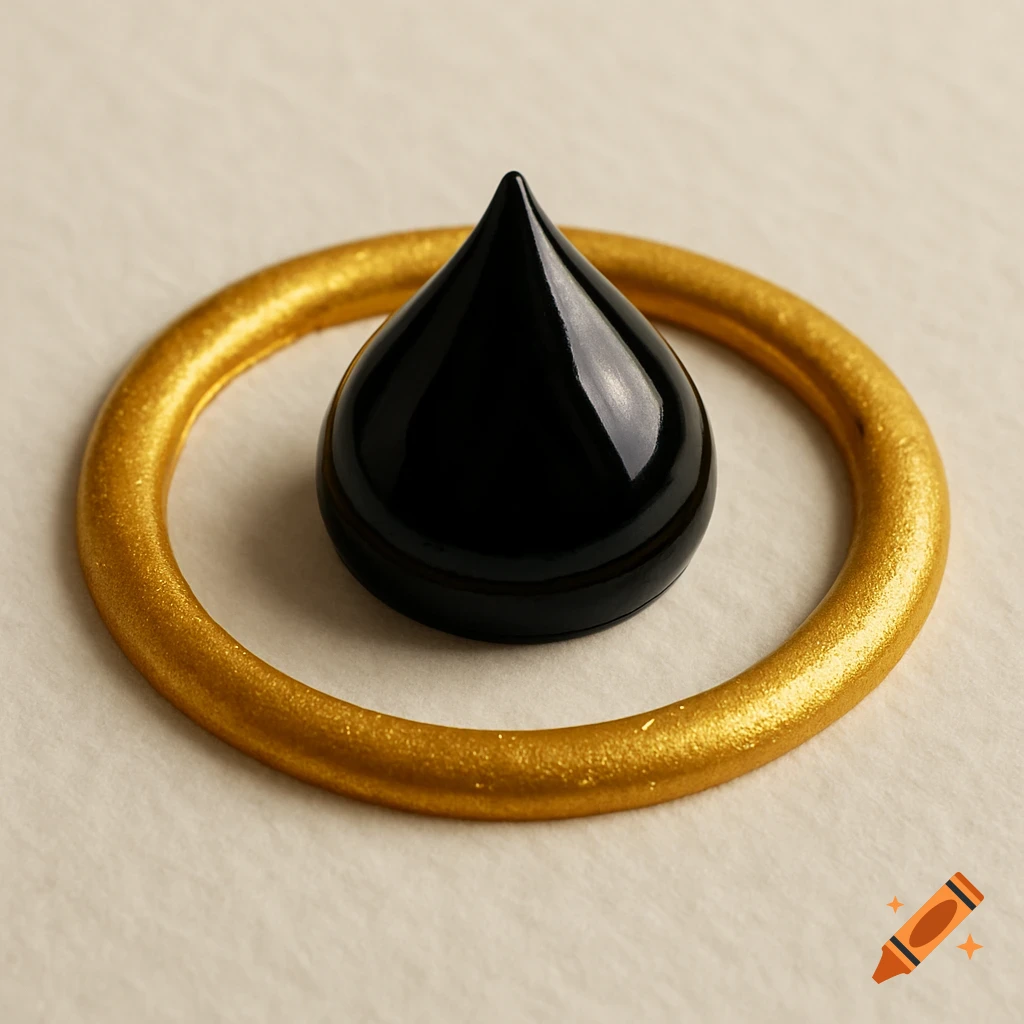 A glossy black teardrop shape inside a textured gold ring on a light background.