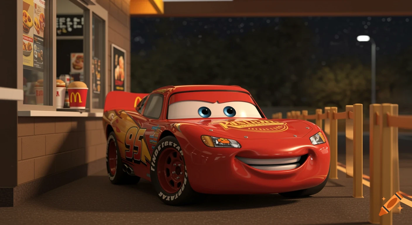 Lightning McQueen at a McDonald's drive-thru window at night, smiling and looking up at the menu. The scene is rendered in a high-quality 3D Pixar-style.