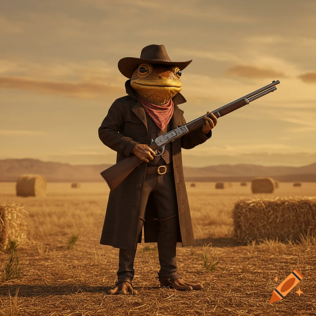 A photorealistic image of a frog dressed as a cowboy in a trench coat, holding a lever-action rifle in a field with hay bales at sunset.
