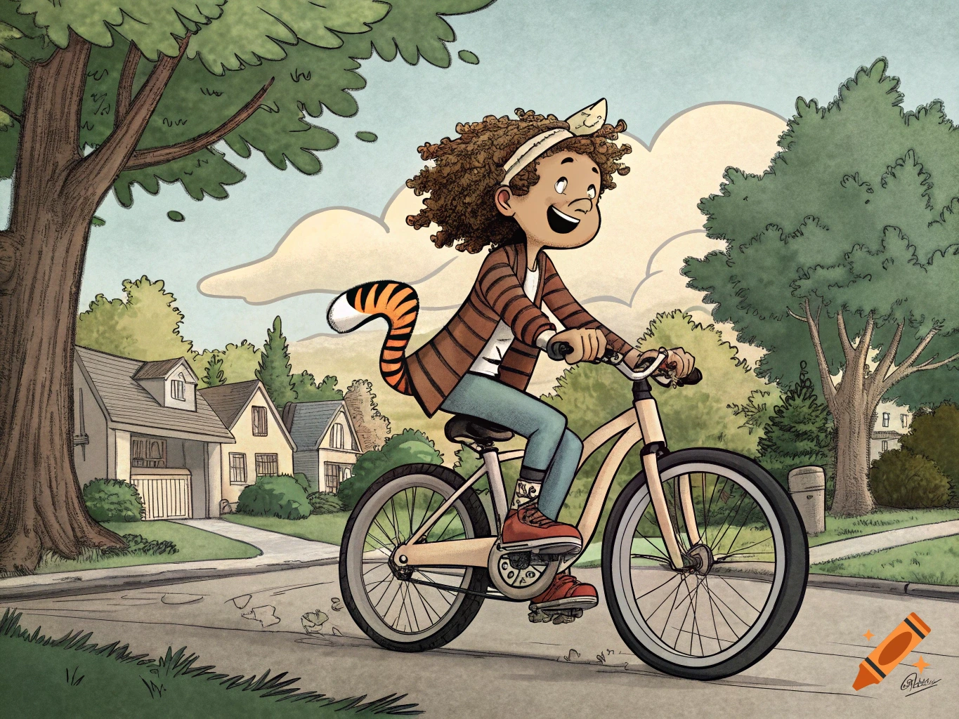 A cartoon child with curly hair and a tiger tail rides a bicycle down a suburban street, drawn in the style of Calvin and Hobbes.