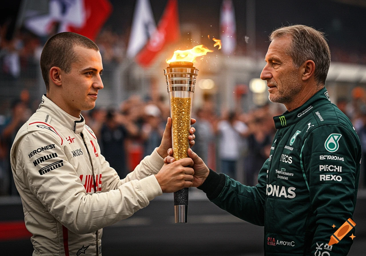 Two Formula 1 drivers, one in a white suit, one in a green suit, holding a golden torch with a flame, photorealistic.