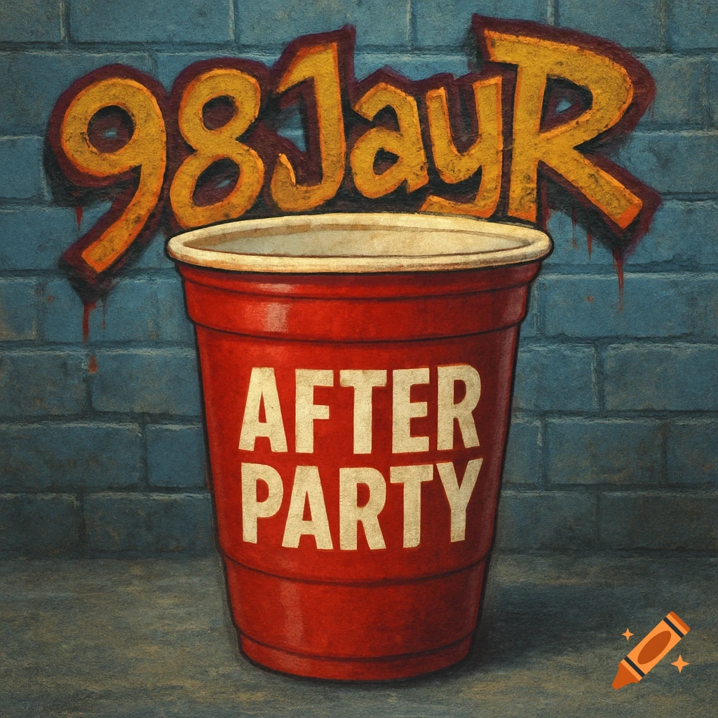 A red plastic cup with "AFTER PARTY" written on it stands in front of a blue brick wall with "98JayR" graffiti. The image has a textured, artistic style.