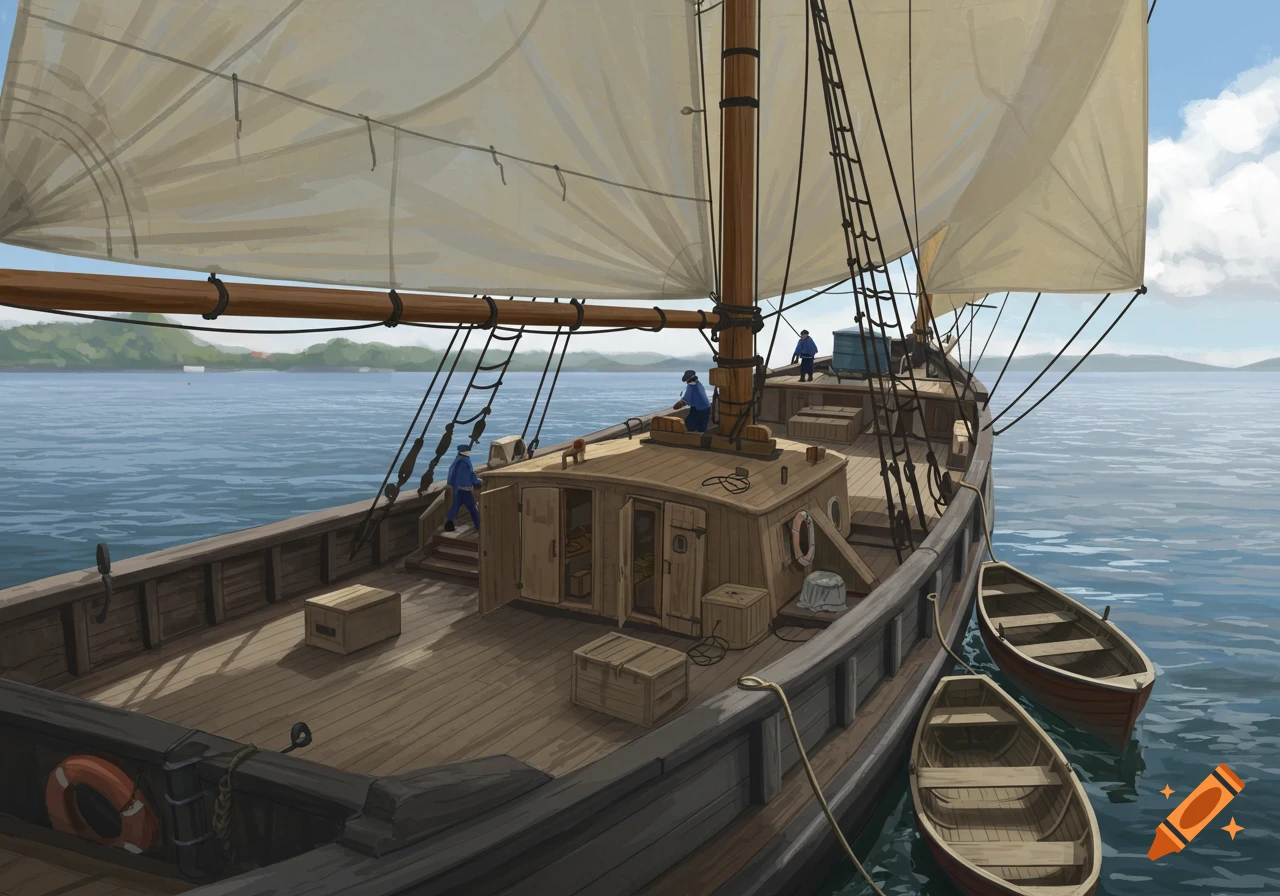 A large wooden sailing boat with sails unfurled, two rowboats docked alongside, and sailors on deck under a blue sky.