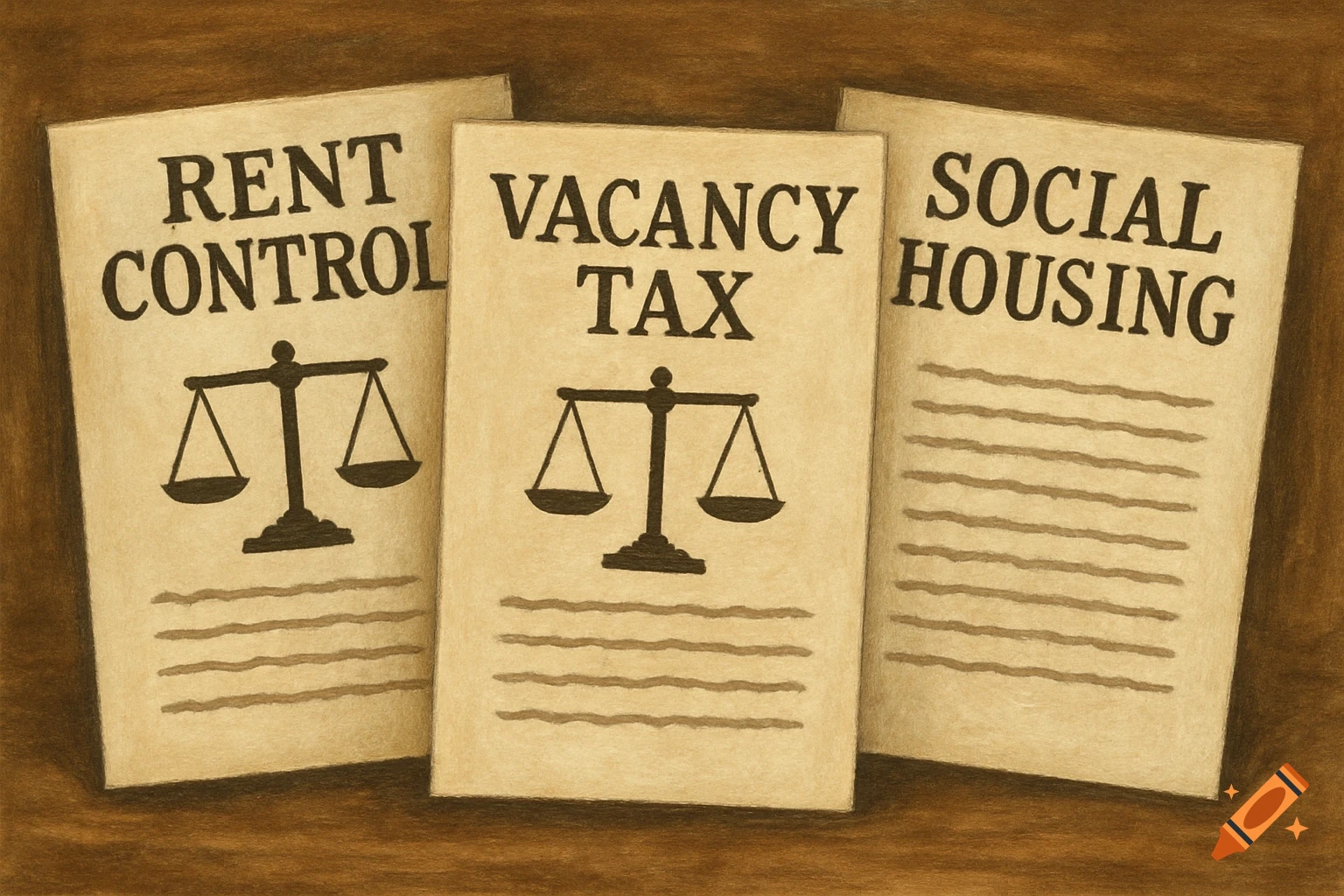 Three stylized law papers titled 'Rent Control', 'Vacancy Tax', and 'Social Housing', each with scales of justice, on a brown background.