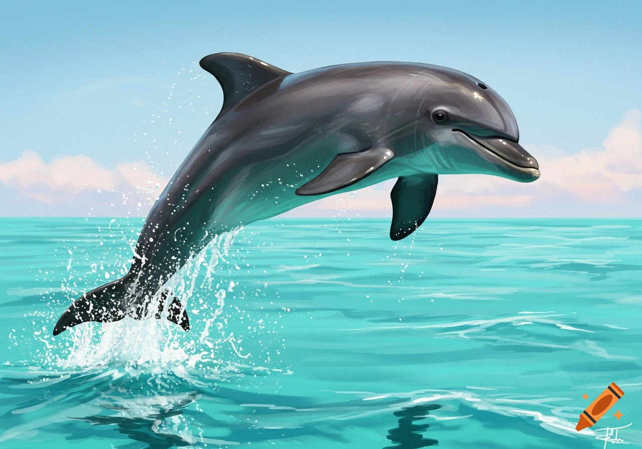A grey dolphin jumps out of clear turquoise water, creating white splashes, under a light blue sky.