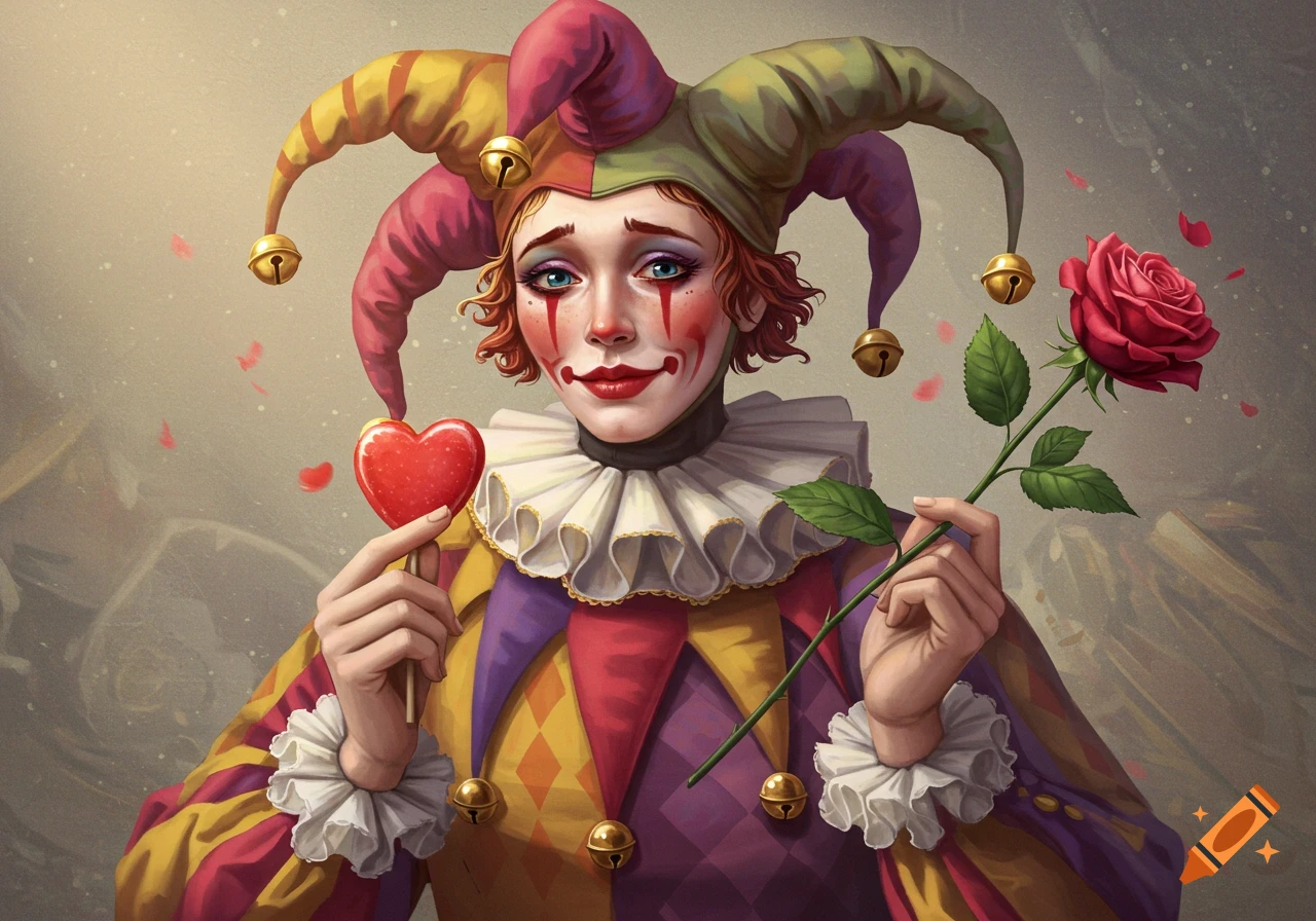 A sad jester in a colorful hat and ruff holds a heart candy and a red rose, appearing to cry.