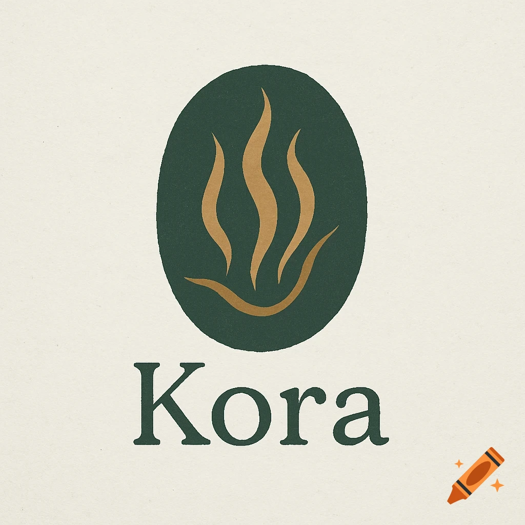 Minimalist logo featuring a dark green oval with three golden wavy lines above the word 'Kora' on a light background.