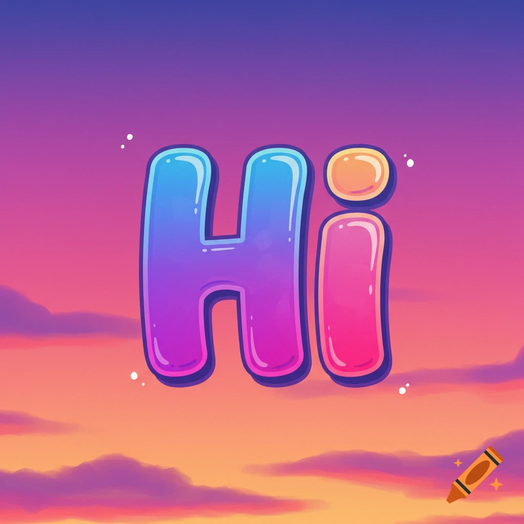 The word 'Hi' in colorful, bubbly letters against a vibrant sunset sky.