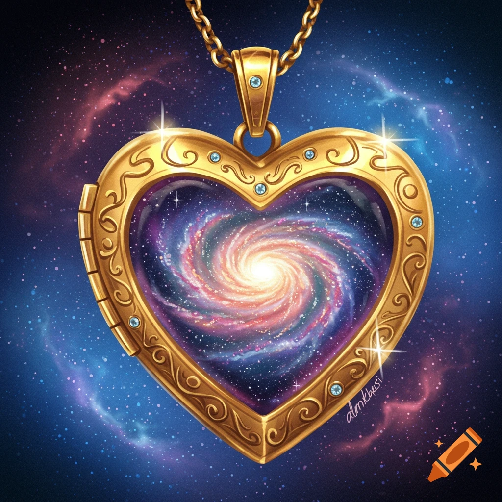 A golden heart-shaped locket with a swirling galaxy inside, set against a background of stars and nebulae.