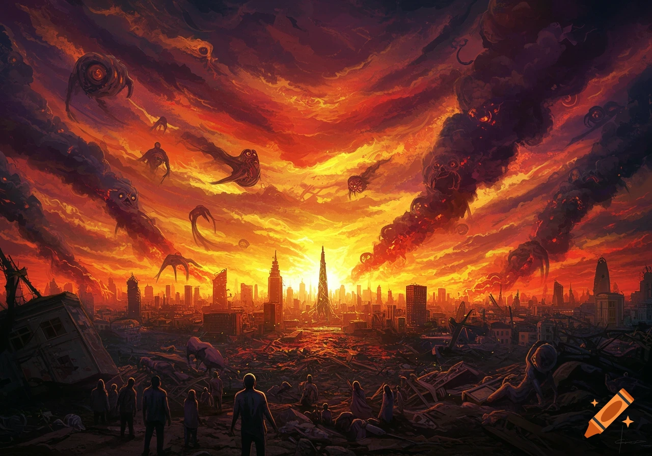 A dramatic apocalyptic landscape with dark monstrous entities in a fiery orange sky over a ruined city with silhouetted survivors.
