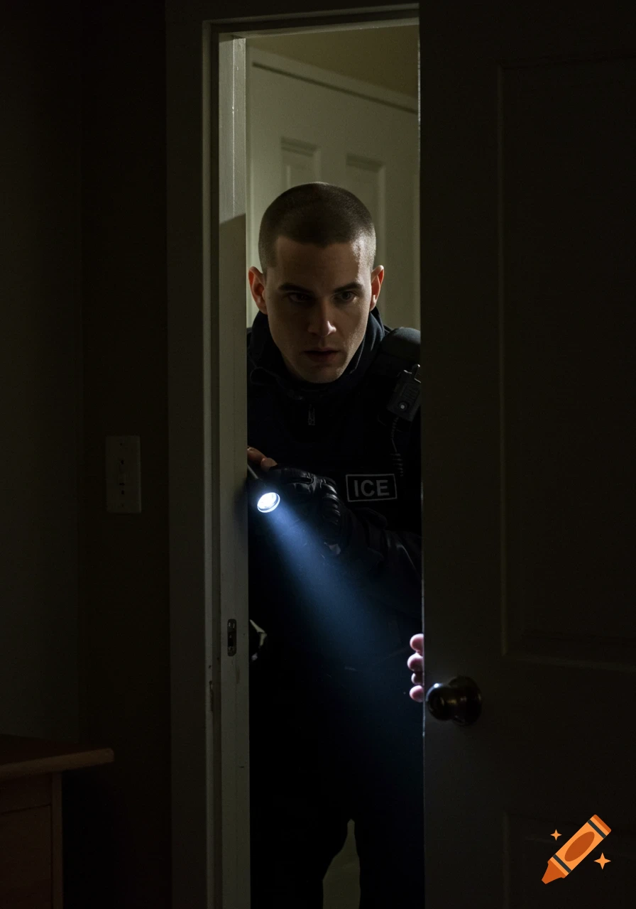 A man in a dark uniform with 'ICE' on his chest peeks through a doorway, shining a flashlight into a dark room.