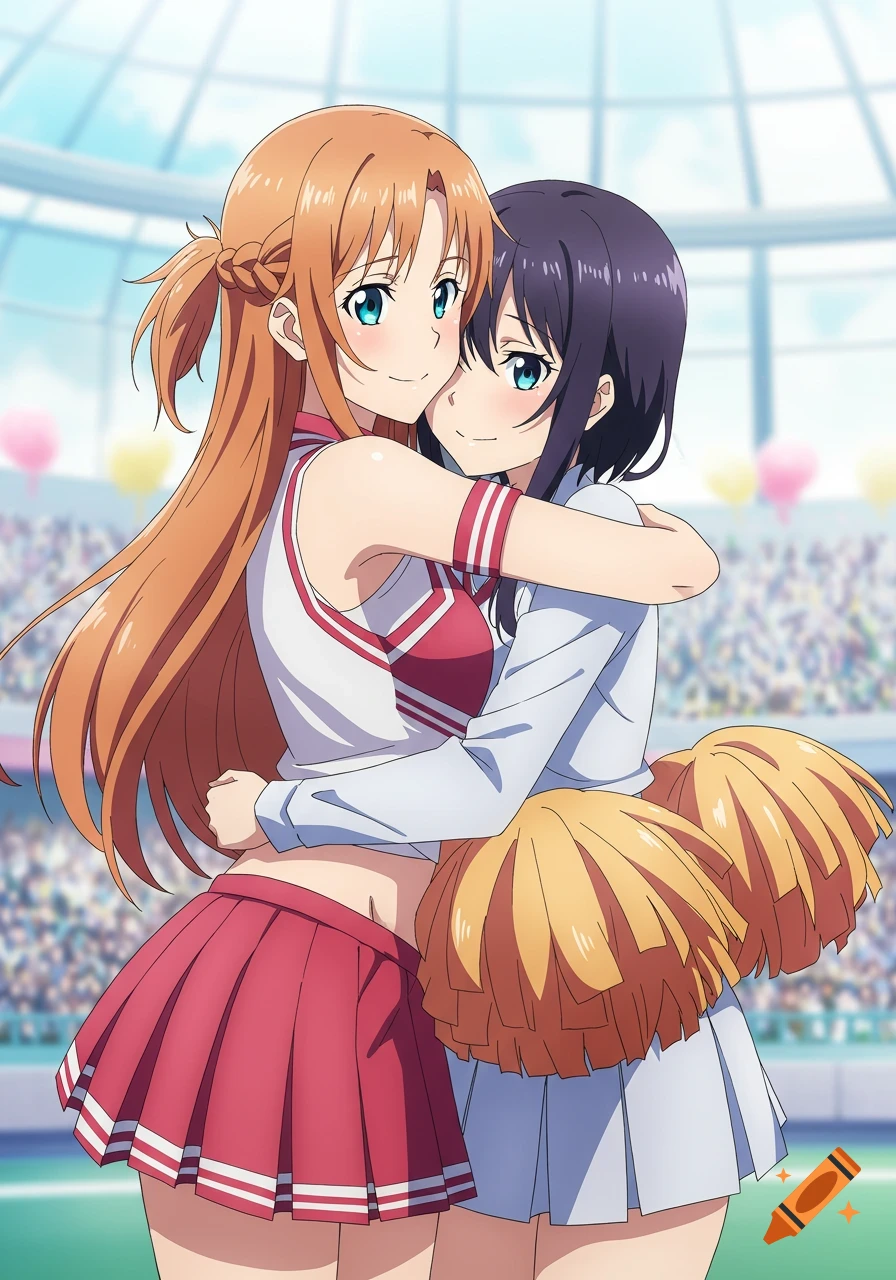 Two anime girls in cheerleader outfits hugging in a sports stadium.