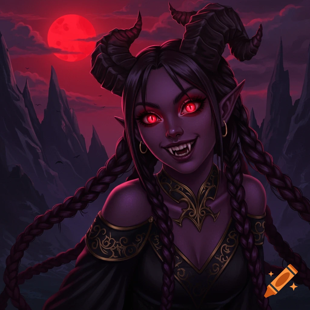 A smiling demon girl with dark skin, large horns, glowing red eyes, and sharp fangs stands against a backdrop of dark mountains and a red moon.