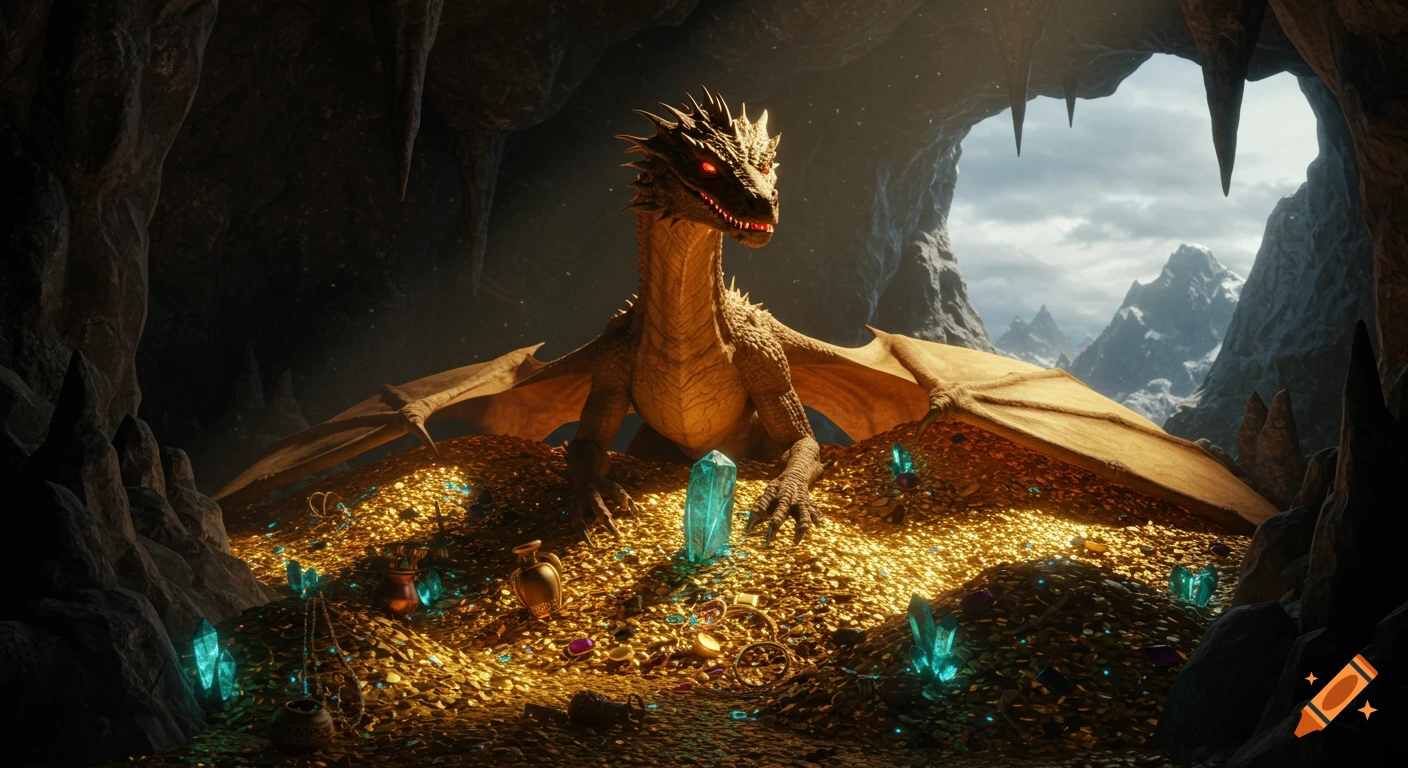 A golden dragon with red eyes guards a massive treasure hoard of gold and jewels inside a cave opening to mountains.