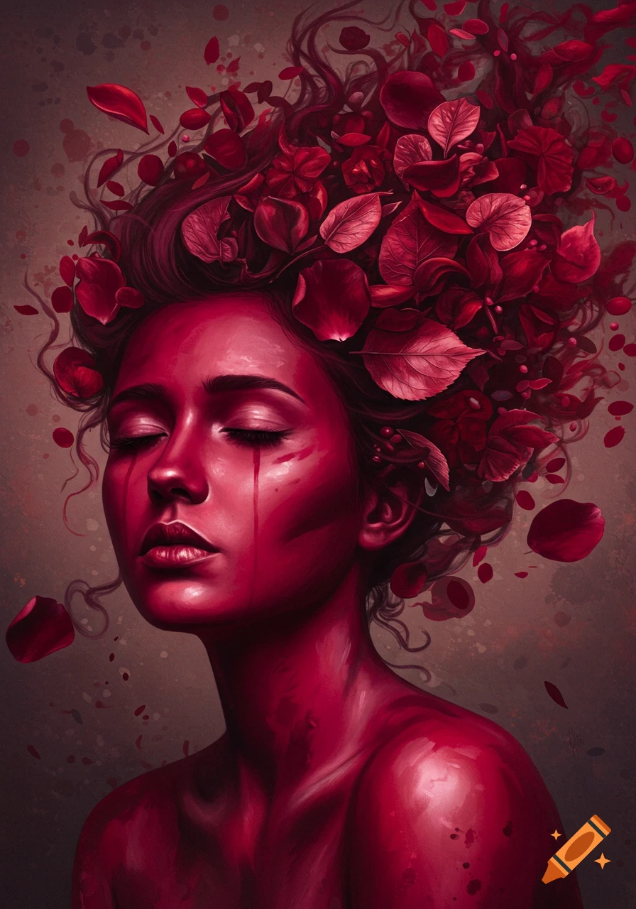 Painting of a woman with red skin and red petals for hair, eyes closed, with red tears.