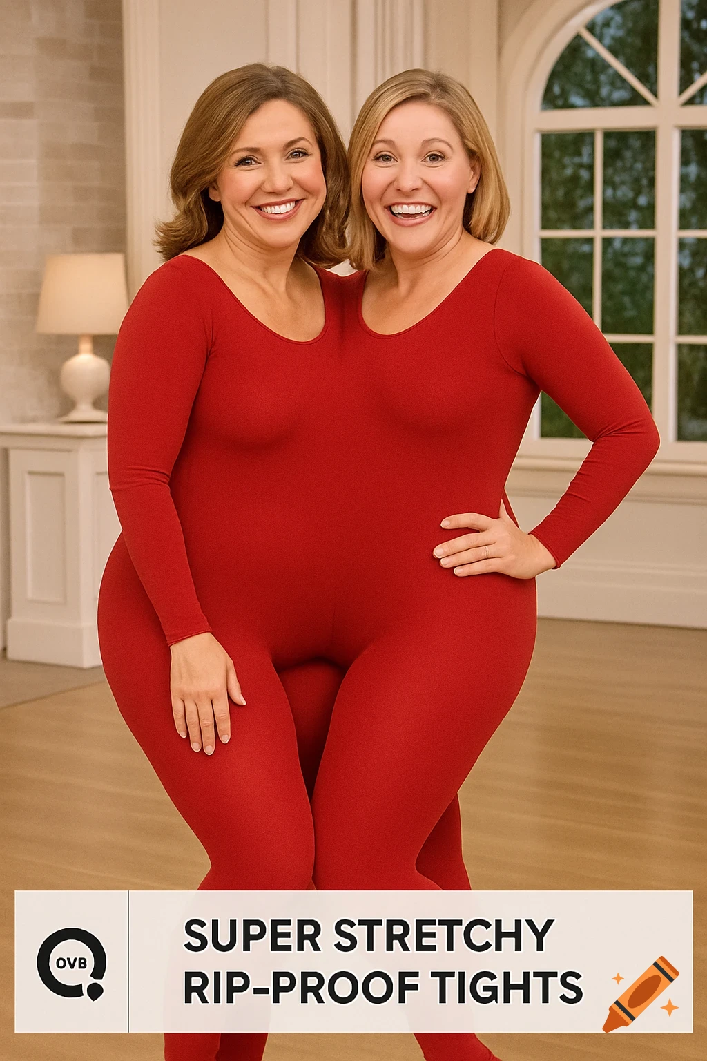Two smiling women in a red, form-fitting, one-piece leotard/tights, merged together to demonstrate stretchiness. Text at bottom reads "SUPER STRETCHY RIP-PROOF TIGHTS".
