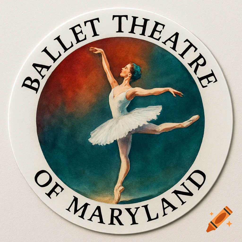 Circular logo for 'Ballet Theatre of Maryland' with an artistic painting of a ballerina in a white tutu on pointe.