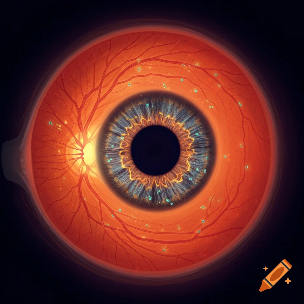 Detailed medical illustration of a human eye, showing the retina with intricate blood vessels and glowing particles.