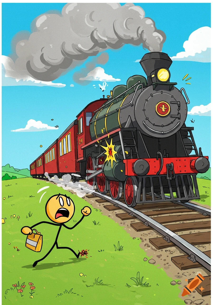 Cartoon stickman running in fear from a speeding train on tracks in a green field, with sparks flying from the train.