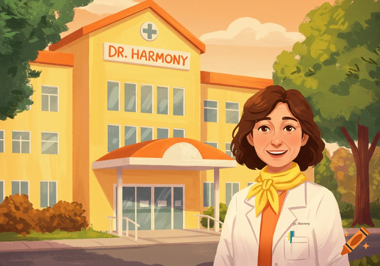 A friendly female doctor in a lab coat stands in front of a yellow hospital building labeled 'Dr. Harmony' in a cheerful illustration style.