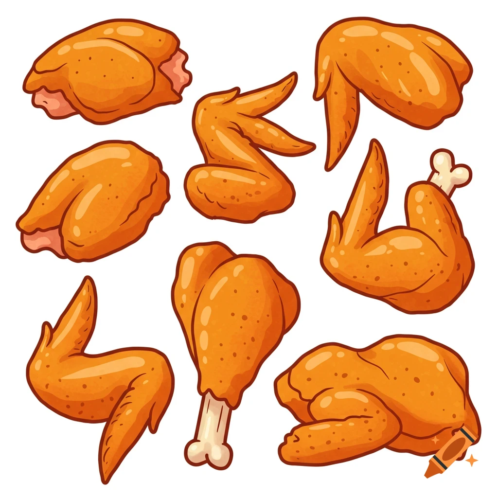 Cartoon illustration of various golden-brown fried chicken pieces including wings and drumsticks.