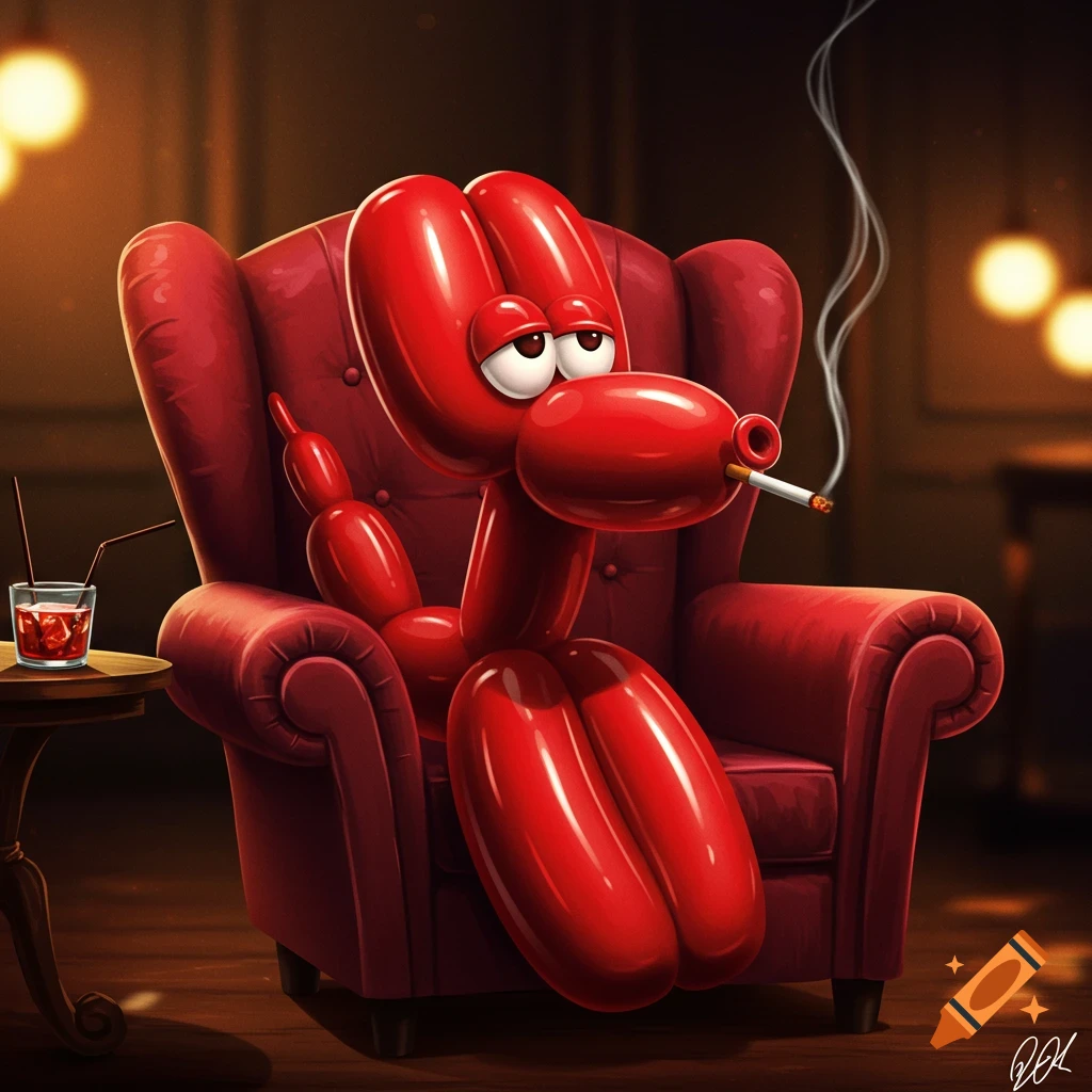 A red balloon animal resembling a dog sits back in a red armchair, smoking a cigarette, with a drink on a side table. Cartoon style.