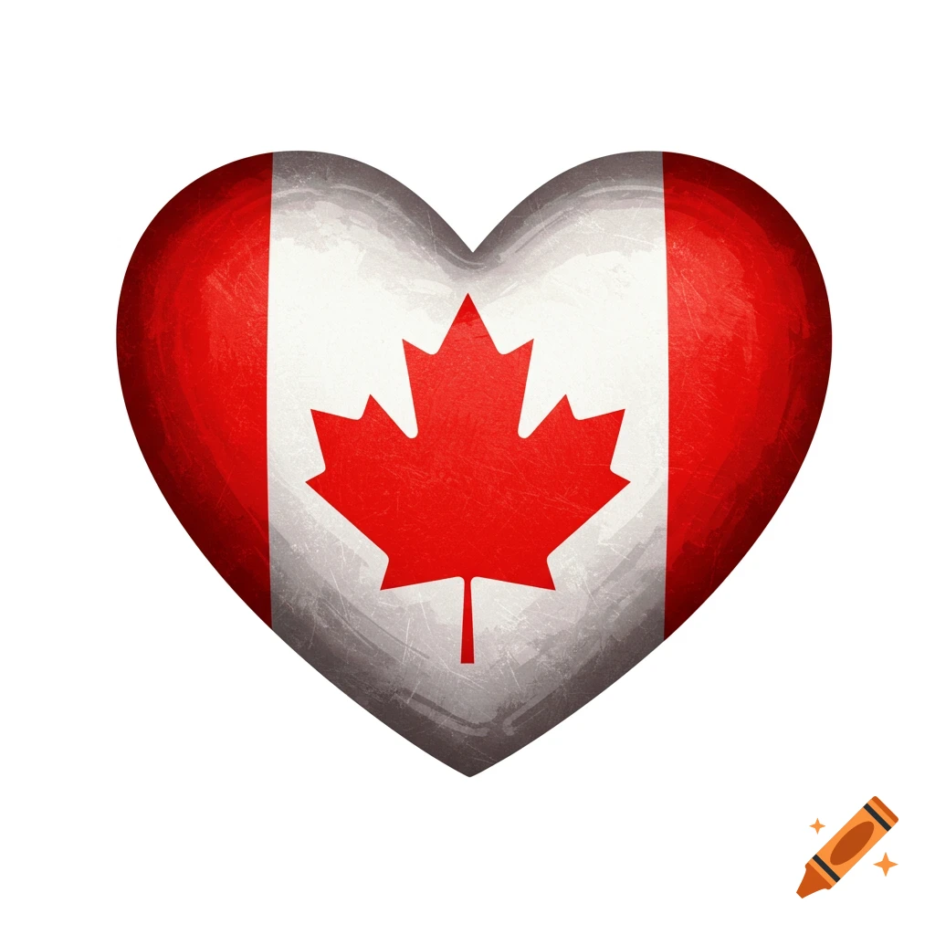 A textured heart shape featuring the red and white design of the Canadian flag with a red maple leaf.