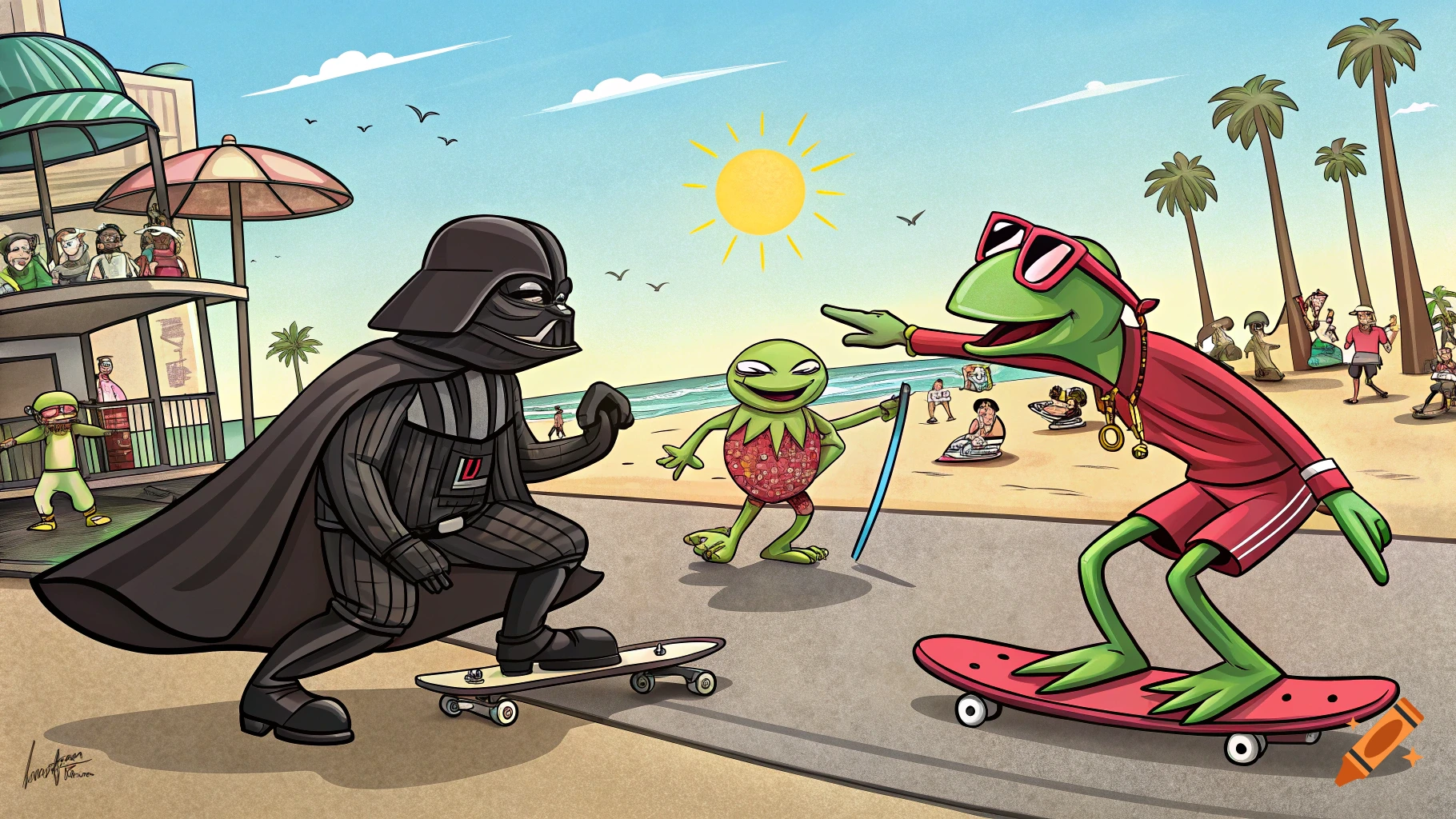 Cartoon-style image of Darth Vader and Kermit the Frog skateboarding on a beach boardwalk, with palm trees and beachgoers in the background under a sunny sky.