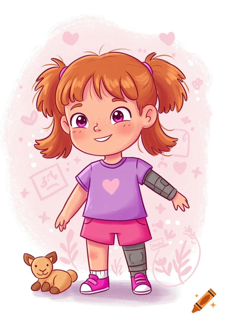 A cute cartoon girl with orange pigtails, a purple shirt, pink shorts, and arm and leg prosthetics, smiles beside a brown teddy bear.