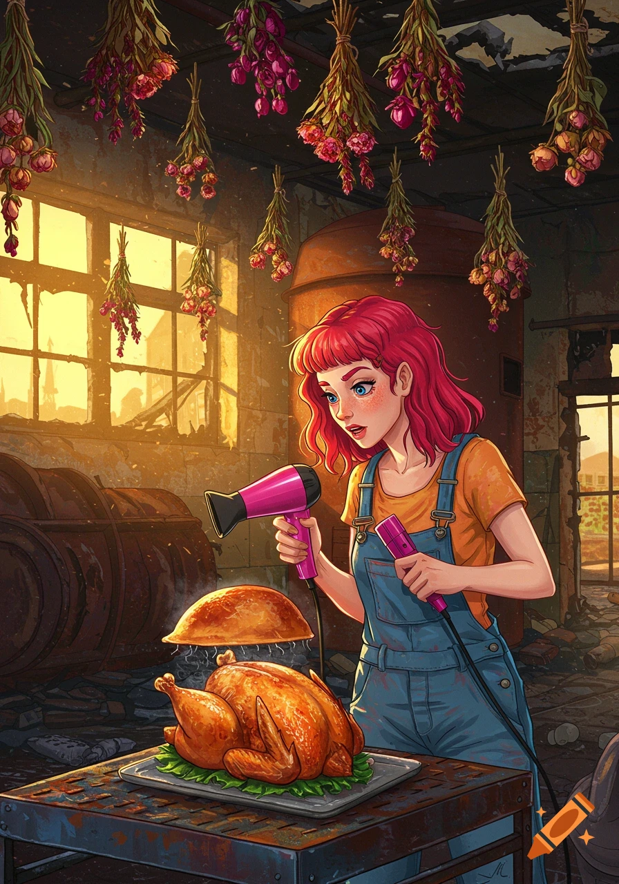 A woman with pink hair in overalls uses a pink hairdryer on a roasted turkey in a dilapidated factory with hanging dried flowers, in a stylized art style.