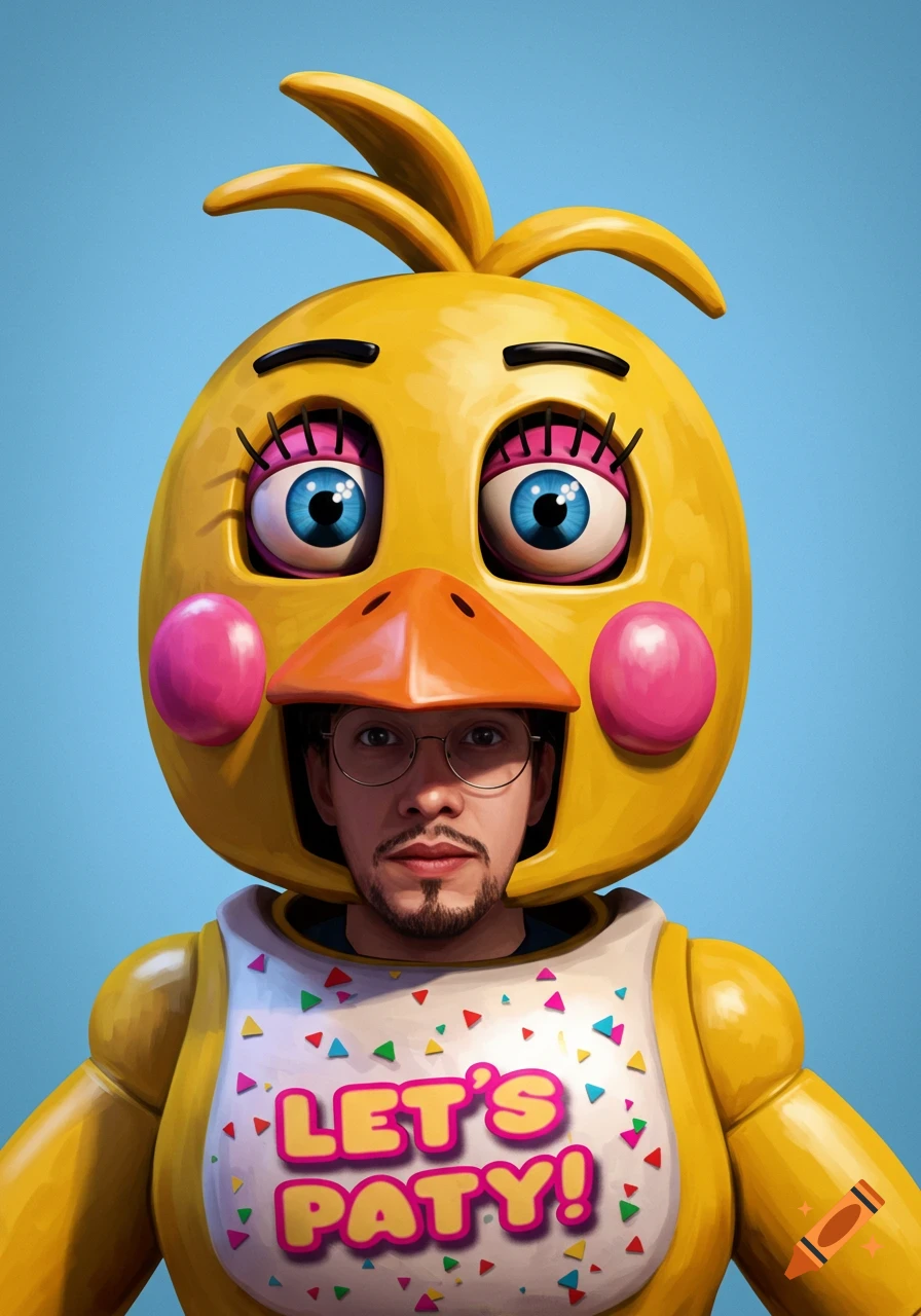 A photorealistic digital artwork of a man wearing a yellow Toy Chica costume from Five Nights at Freddy's, standing against a blue background.