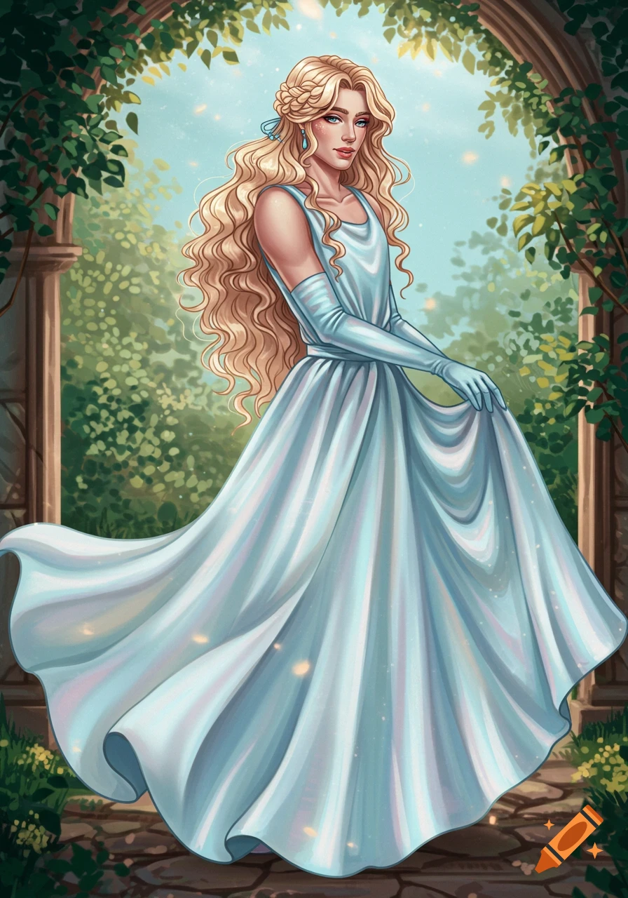 A person with long blonde hair in a flowing light blue ball gown stands in a lush garden archway in an illustrated fantasy style.