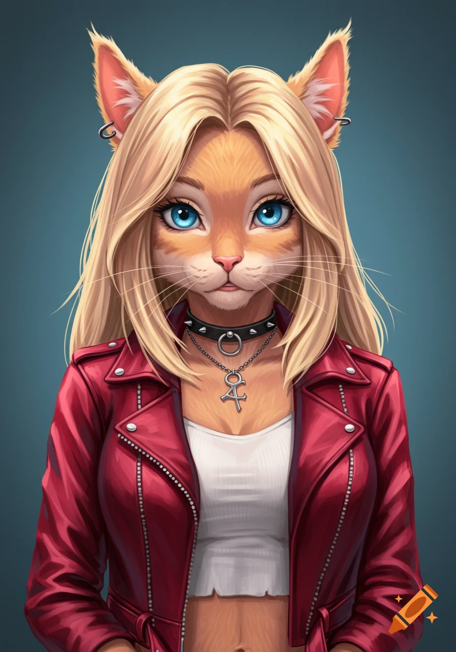 Portrait of an anthropomorphic cat girl with blonde hair and blue eyes, wearing a red leather jacket, white crop top, and a choker.