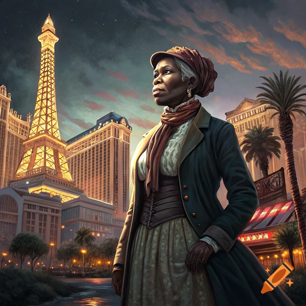 A portrait of a woman resembling Harriet Tubman standing against the illuminated Las Vegas skyline at dusk, featuring the Eiffel Tower replica.