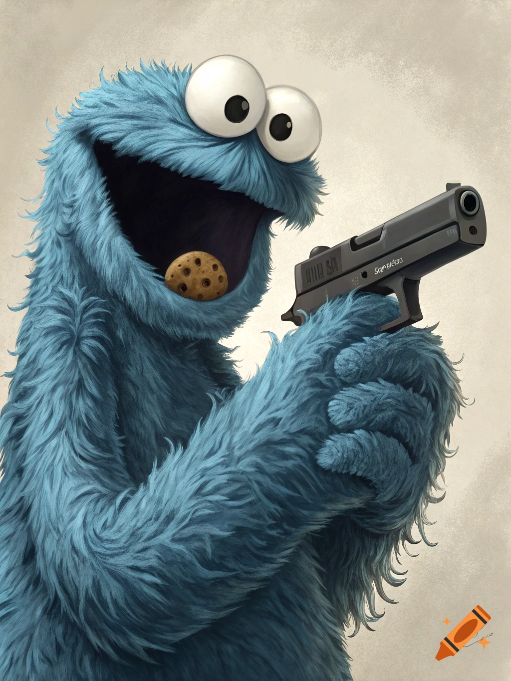 A blue furry Cookie Monster with wide eyes holds a black pistol while a chocolate chip cookie rests in his open mouth.