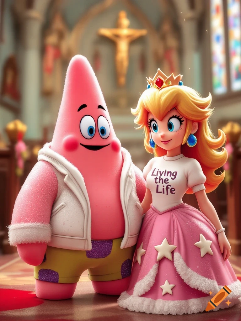 3D rendered image of Patrick Star in a white jacket and Princess Peach in a pink dress and crown, standing together in a church.