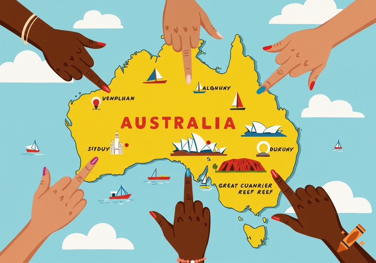 A cartoon map of Australia with multiple hands of various skin tones pointing at different locations and landmarks.