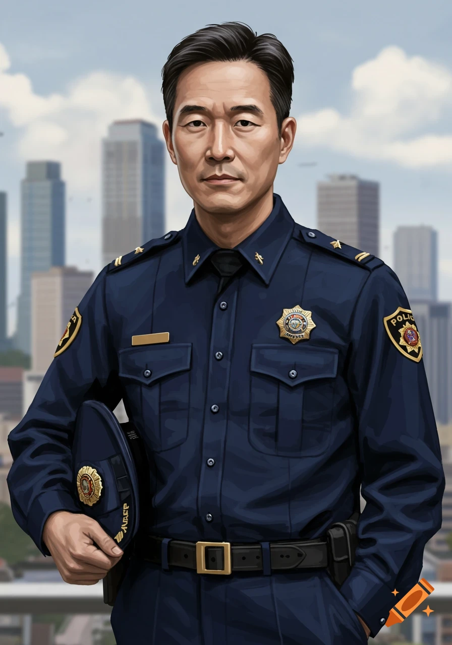 An illustration of an Asian male police official in uniform, holding his hat, with a city skyline in the background.