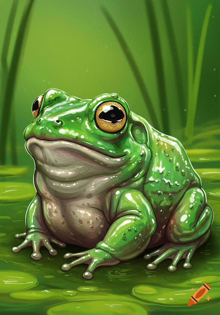 A vibrant green frog with large golden eyes sits on a lily pad, surrounded by water and green reeds.