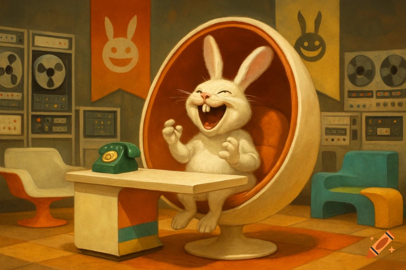 A white, cartoon-like bunny in a retro 1970s style supervillain sanctum, laughing maniacally in an egg chair at a desk, with spool computers and flags on the walls.