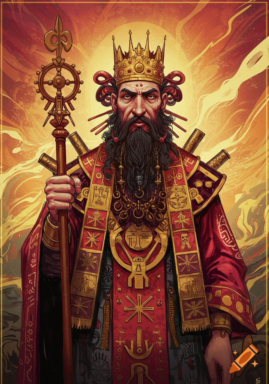 A regal, bearded man in elaborate red and gold robes and a crown, holding a decorative staff, against a fiery golden background in a detailed illustration style.