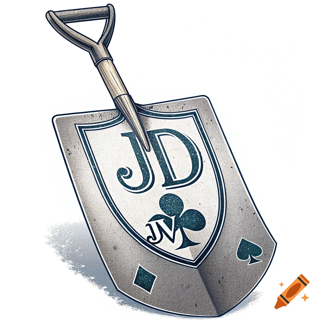 A stylized illustration of a shovel with a shield design featuring the letters 'JD' and playing card suit symbols like a club, diamond, and spade.
