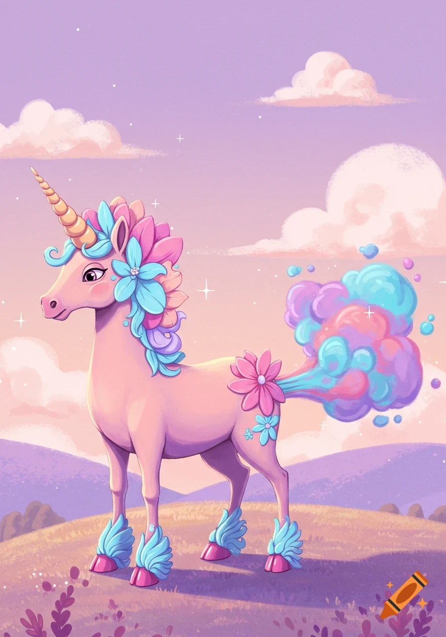 A pastel pink unicorn with a flowery mane and tail that emits colorful smoke, stands on a hill under a pink and purple sky.