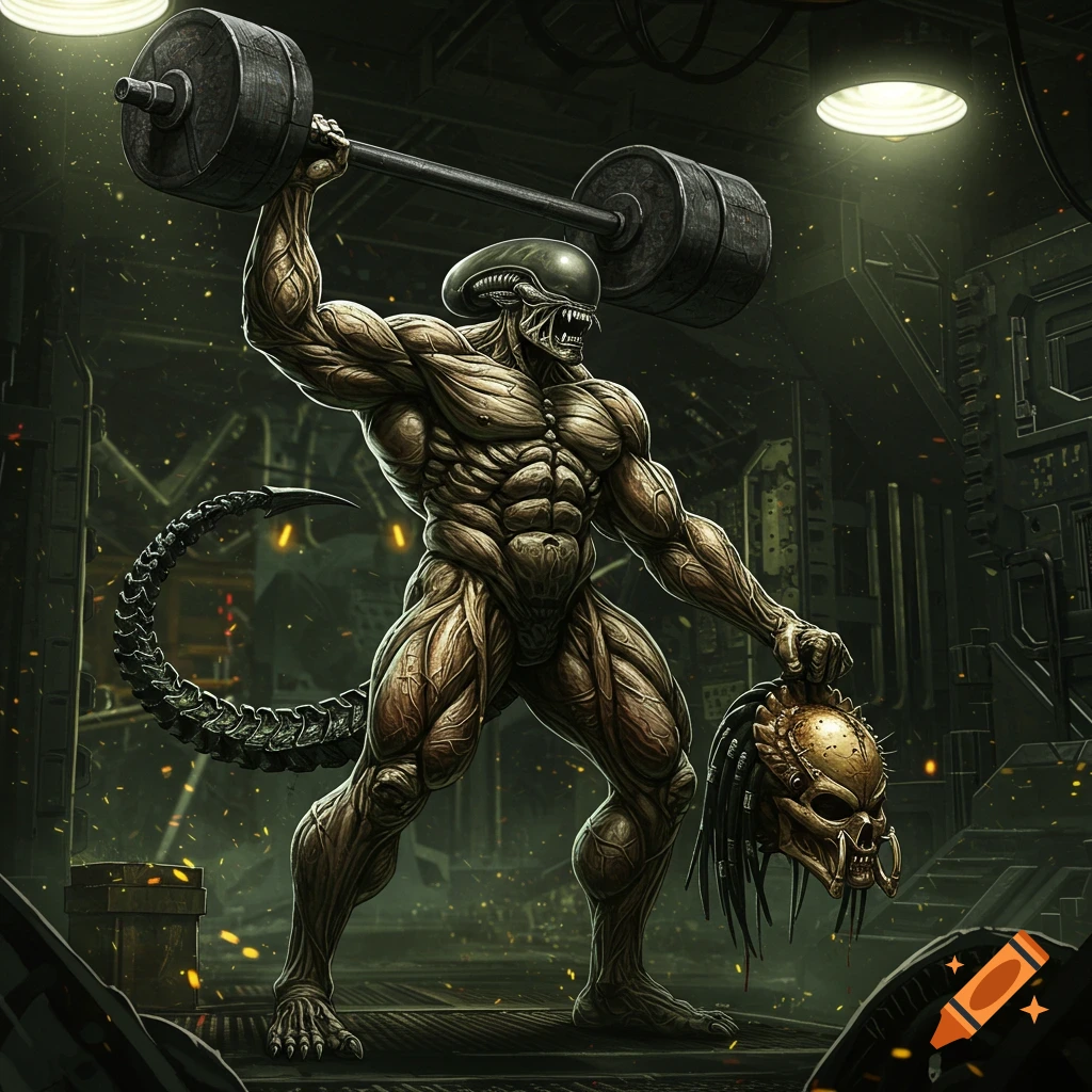 A highly muscular Xenomorph alien lifts a barbell with one hand and holds a Predator skull in the other, in a dark, gritty sci-fi gym.