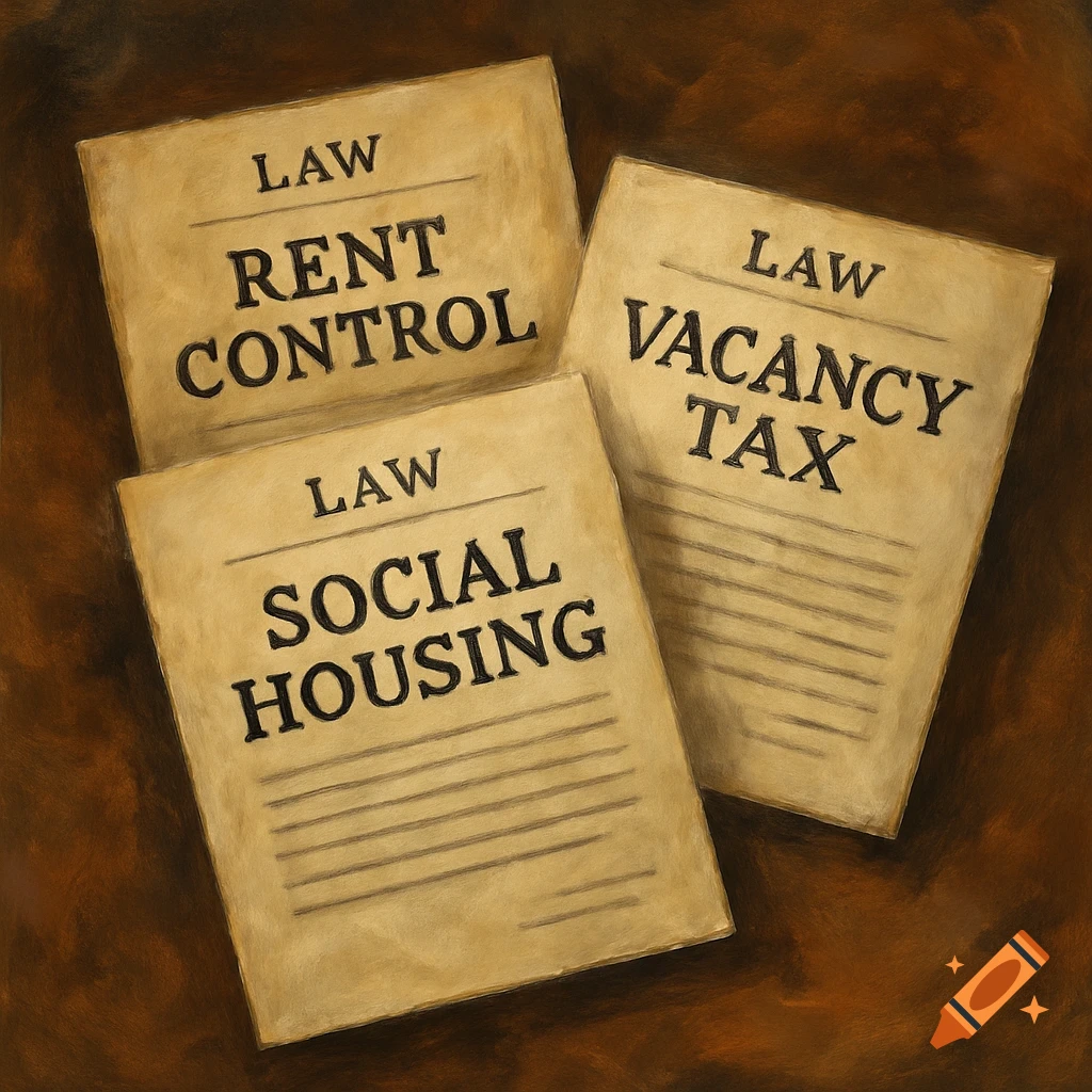 Three old-looking law papers titled 'Rent Control', 'Vacancy Tax', and 'Social Housing' on a dark background.